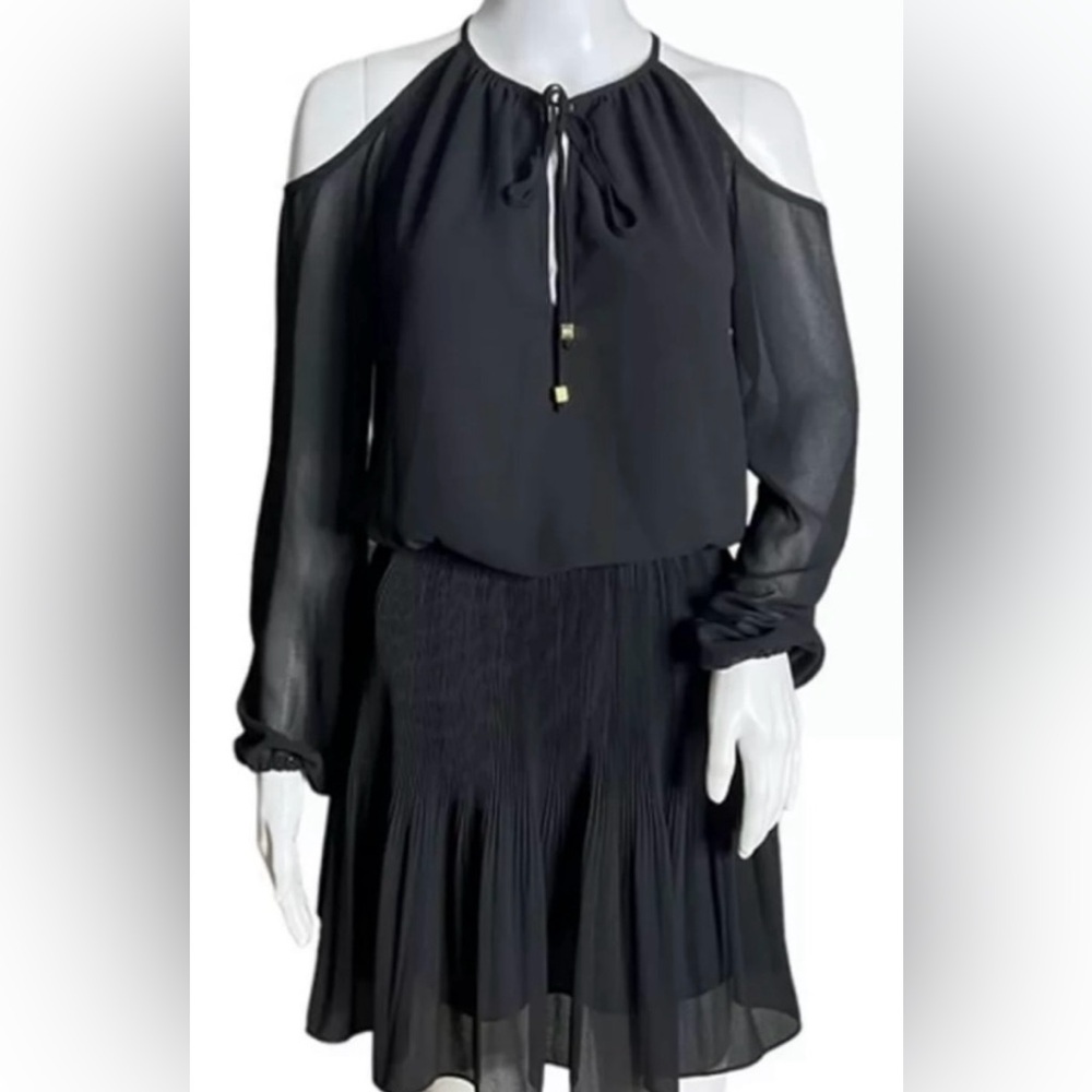 Michael Kors Lined Cold Shoulder Dress Black Pleated Skirt Tie Keyhole Neck Sm